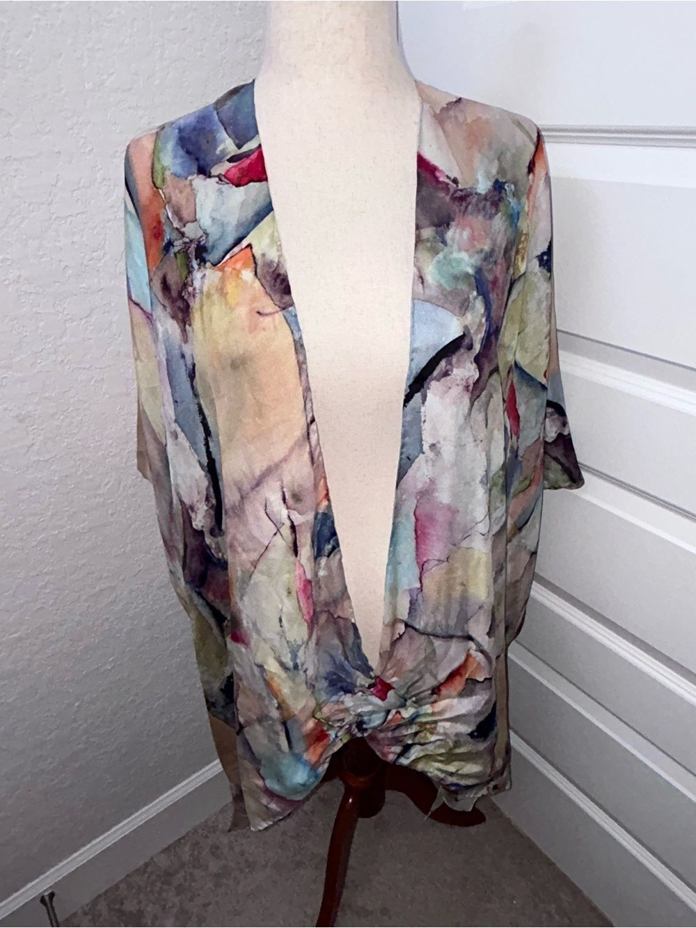 COCOON HOUSE 100% Silk Watercolor Mosaic Print Open Front Kimono Blouse Top